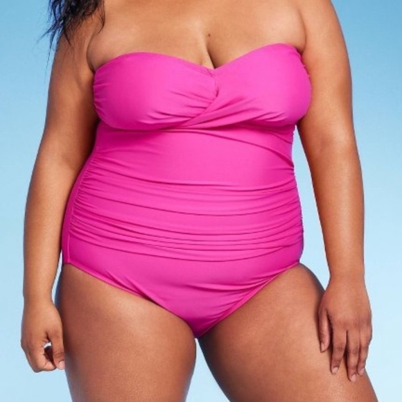 Kona Sol Pink Tummy Control Twist Front Full Coverage Strapless Bathingsuit - Picture 1 of 9